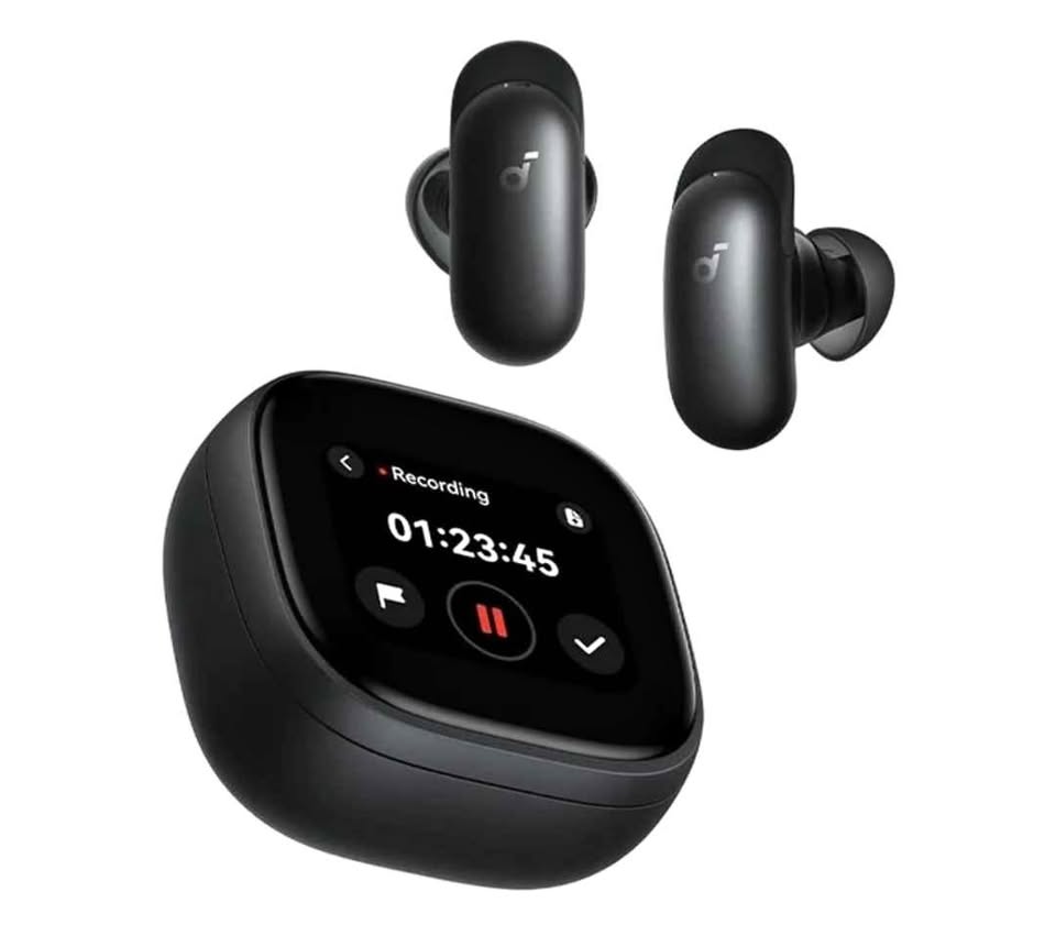 Écouteurs ECHO Note Pro et leur boîtier à écran tactile affichant un enregistrement en cours, 01:23:45