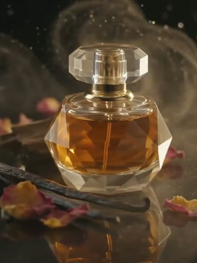 Flacon d'Ambre Noir posé sur un marbre sombre, entouré de pétales de rose séchés.
