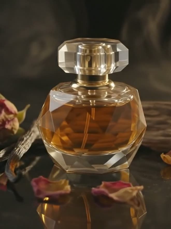 Flacon de Nuit de Vanille éclairé par une lumière dorée, gousses de vanille et bois au premier plan.
