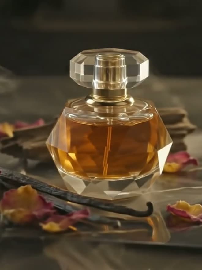 Flacon de Rose Impériale sur une dalle de marbre, brume et pétales dispersés autour.