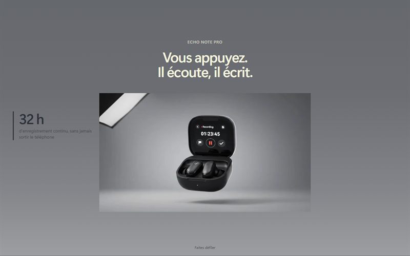 Aperçu de la landing page ECHO Note Pro : film produit et titre en grand