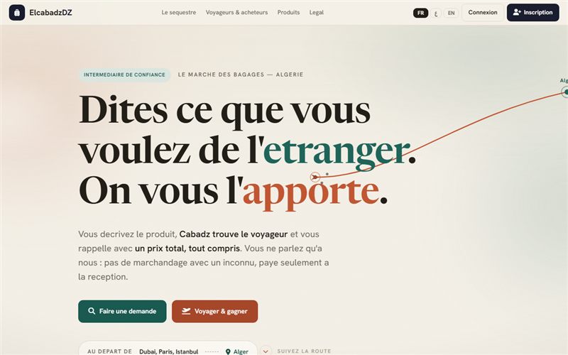 Page d'accueil d'Elcabadz, plateforme reliant voyageurs et acheteurs algériens