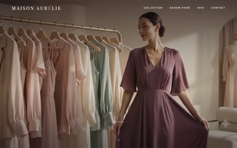 Aperçu de la landing Maison Aurélie : robe et portant de vêtements dans une lumière douce