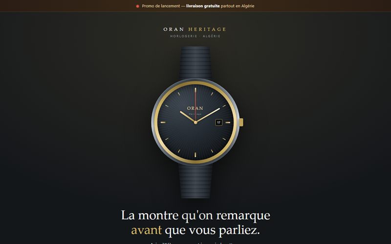 Aperçu de la landing page ORAN Heritage : montre dessinée en CSS sur fond anthracite