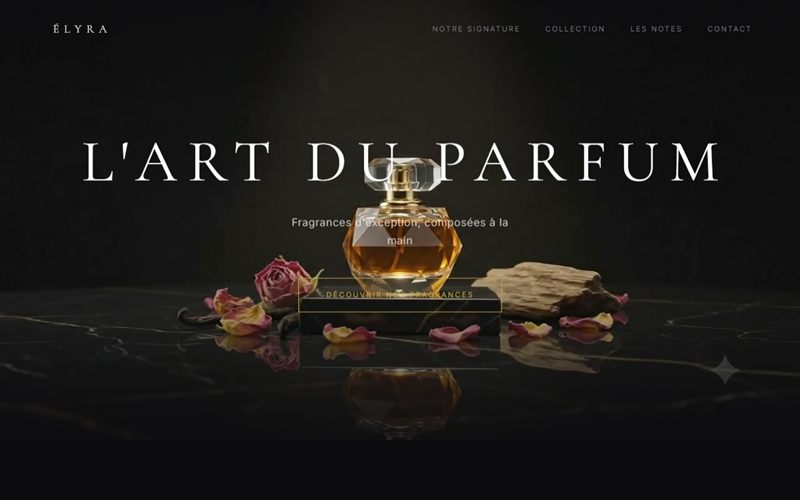 Aperçu de la landing ÉLYRA : flacon de parfum éclairé sur fond noir